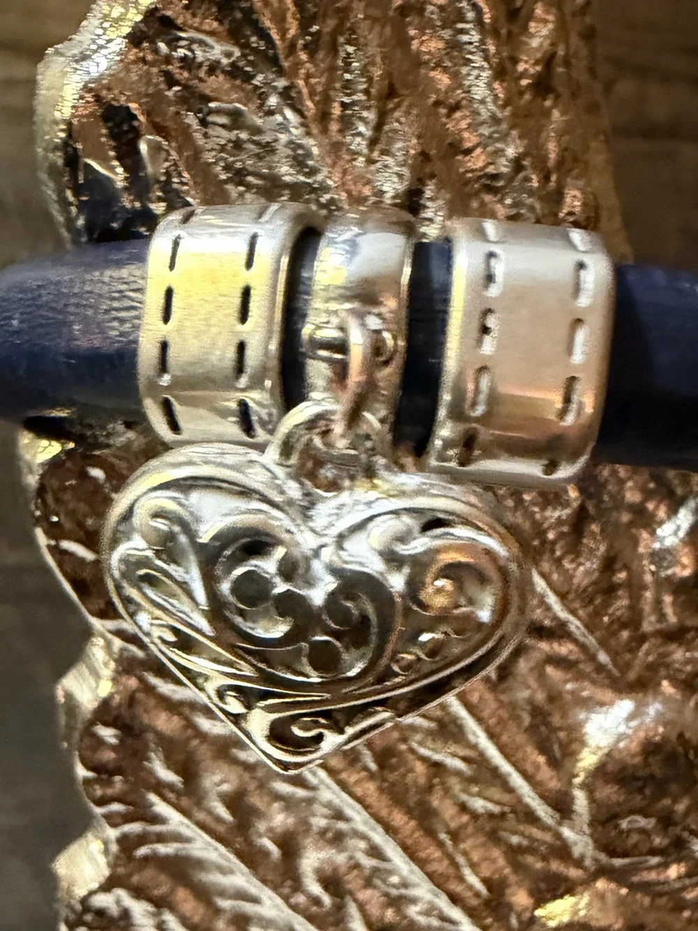 Sundance Navy Leather Bracelet with Filigree Heart Charm